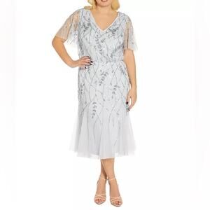 Adrianna Papell Plus Size Blouson Beaded Midi Dress Blue Women’s Sz 24W